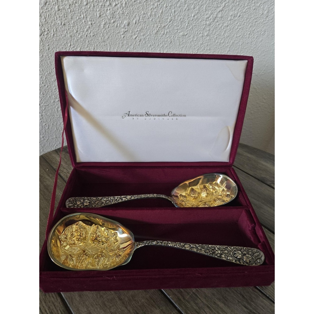 Vintage Godinger Silver Plated Gilt Serving Spoon Set Roses Strawberry Boxed